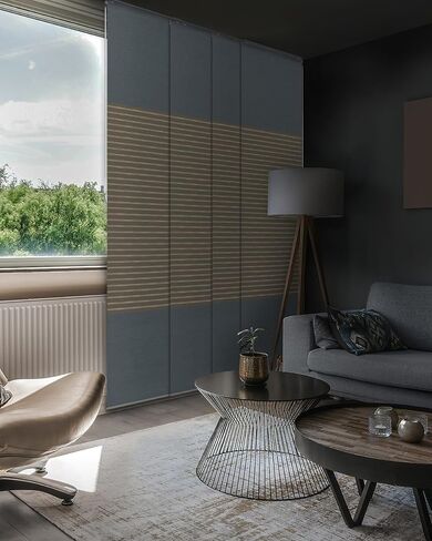 Blackout & Stripe Accent Bundle - Denim Stitch + Pilot Whale Sliding Panel Track Blinds, Set of 2 for Bedroom, Living Room, Patio in Saudi Arabia