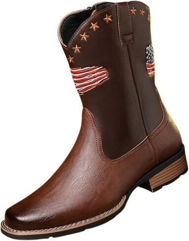 Men's Leather Embroidered Pattern Side Zipper Western Boots Retro Square Toe Flat Bottom Comfortable Non-Slip Lightweight Rider Boots Daily Work Outdoor Walking Camping Party in Saudi Arabia