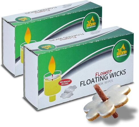 Ner Mitzvah Flower Shaped Floating Wicks - 50 Count (Approx.), Cotton Wicks and Cork Disc Holders for Oil Cups - Bonus Wick Removal Tweezers in Kuwait