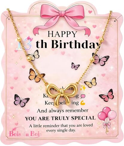 13th Birthday Gifts for Girls - Gold Bow Necklace with Encouragement Card, Cute Dainty Bow Pendant Jewelry, Meaningful Birthday Gift for Teen Girls Daughter Granddaughter Niece in Saudi Arabia