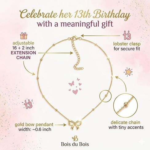 13th Birthday Gifts for Girls - Gold Bow Necklace with Encouragement Card, Cute Dainty Bow Pendant Jewelry, Meaningful Birthday Gift for Teen Girls Daughter Granddaughter Niece in Saudi Arabia