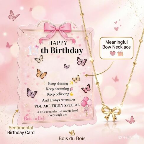 13th Birthday Gifts for Girls - Gold Bow Necklace with Encouragement Card, Cute Dainty Bow Pendant Jewelry, Meaningful Birthday Gift for Teen Girls Daughter Granddaughter Niece in Saudi Arabia