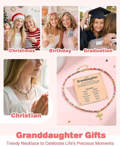 PINKDODO Colorful Beaded Cross Necklace for Granddaughter– Graduation Christian Gifts for Girls in Kuwait
