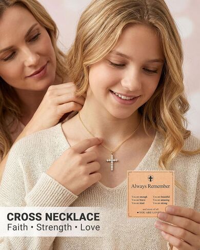 Eryuor Always Remember You Are Loved - 14K Gold Cubic Zirconia Cross Necklace Religious Christian Gifts for Girls Women Teens in Saudi Arabia