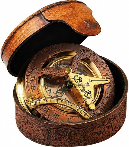 Vintage Brass Sundial Compass with Leather Case Pocket Compass for Outdoor Adventure Antique Marine Navigation Instrument Keepsake Gift for Him, Ocean Lover (3.54x3.54x1.38 Inches) in Saudi Arabia