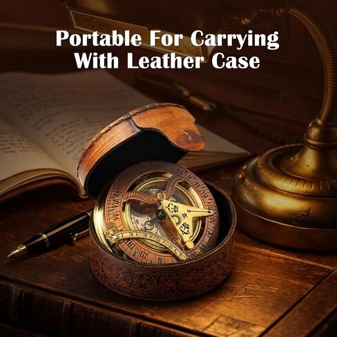 Vintage Brass Sundial Compass with Leather Case Pocket Compass for Outdoor Adventure Antique Marine Navigation Instrument Keepsake Gift for Him, Ocean Lover (3.54x3.54x1.38 Inches) in Saudi Arabia