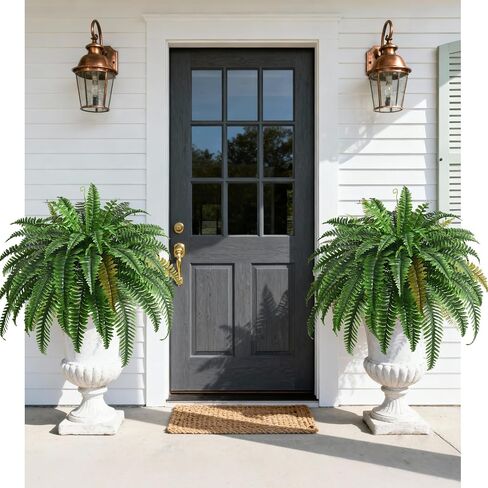 2PCS 45in Fake Ferns- Large Artificial Plants Outdoor, UV Resistant Artificial Ferns for Outdoors, 60 Branches Faux Boston Fern Realistic Weatherproof Fake Plants for Porch Home Patio Hanging Decor in Kuwait