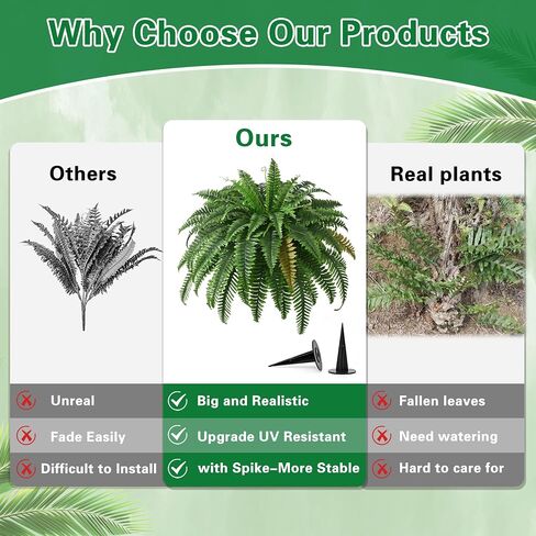 2PCS 45in Fake Ferns- Large Artificial Plants Outdoor, UV Resistant Artificial Ferns for Outdoors, 60 Branches Faux Boston Fern Realistic Weatherproof Fake Plants for Porch Home Patio Hanging Decor in Kuwait