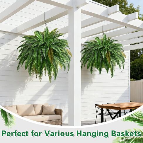 2PCS 45in Fake Ferns- Large Artificial Plants Outdoor, UV Resistant Artificial Ferns for Outdoors, 60 Branches Faux Boston Fern Realistic Weatherproof Fake Plants for Porch Home Patio Hanging Decor in Kuwait