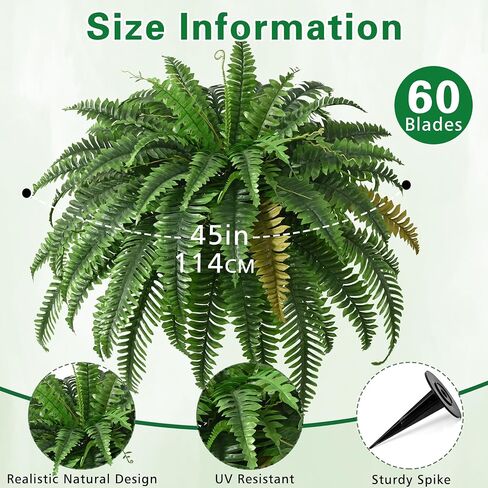 2PCS 45in Fake Ferns- Large Artificial Plants Outdoor, UV Resistant Artificial Ferns for Outdoors, 60 Branches Faux Boston Fern Realistic Weatherproof Fake Plants for Porch Home Patio Hanging Decor in Kuwait