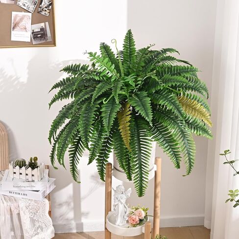 2PCS 45in Fake Ferns- Large Artificial Plants Outdoor, UV Resistant Artificial Ferns for Outdoors, 60 Branches Faux Boston Fern Realistic Weatherproof Fake Plants for Porch Home Patio Hanging Decor in Kuwait