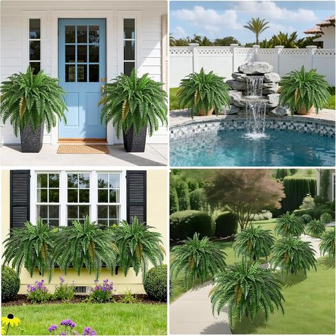 2PCS 45in Fake Ferns- Large Artificial Plants Outdoor, UV Resistant Artificial Ferns for Outdoors, 60 Branches Faux Boston Fern Realistic Weatherproof Fake Plants for Porch Home Patio Hanging Decor in Kuwait