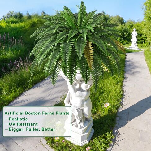 2PCS 45in Fake Ferns- Large Artificial Plants Outdoor, UV Resistant Artificial Ferns for Outdoors, 60 Branches Faux Boston Fern Realistic Weatherproof Fake Plants for Porch Home Patio Hanging Decor in Kuwait
