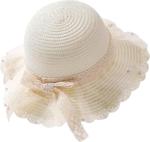 Toddler Girls Straw Beach Hat, 2‑5Y Kids Wide Brim UV Protection Foldable Wave Ruffled Summer Sun Hat in Kuwait
