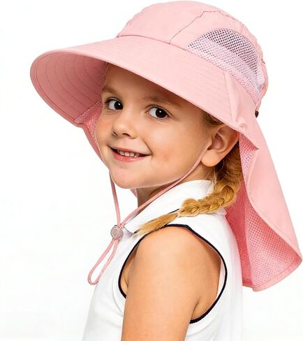 Kids Sun Hat UV Protection Summer Beach Hats with Neck Flap Wide Brim Bucket Hat for Boys Girls Age 5-10 in Kuwait