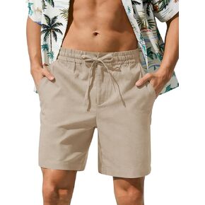 Mens Cotton Linen Summer Shorts Lightweight Breathable Casual Beach Elastic Waist Drawstring 7 Inch Inseam in Saudi Arabia