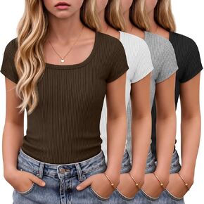 4 Pack Girls Cap Sleeve Shirts Teen Girls Short Sleeve Tops Ribbed T Shirts Kids U Neck Summer Basic Tees 5-14 Y in Kuwait