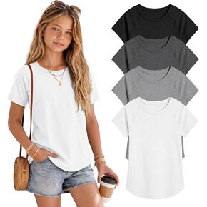 Yooo's Vivi 4 Pack Girls Shirts Short Sleeve Teen Crew Neck Loose Fit Tops Curved Hem Cute Casual Tees Kid 5-14 Years Summer in Kuwait