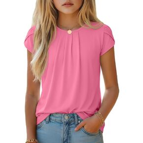 Halfchet Girls' Shirts Teen Short Sleeve Pleated Ruffle Crew Neck Cute Loose Blouses Tops Kids Summer Casual Tees 5-14 Years in Kuwait