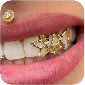 Gold Silver Teeth Grillz with Flower Star Design,Hollow Zircon Teeth Grillz for Men Women, Adjustable Fit, Premium Copper with Vacuum Electroplating, Hip Hop Fashion Costume Jewelry in Saudi Arabia
