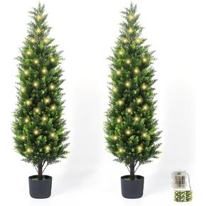 4FT Artificial Cypress Tree with Warm Lights, Realistic Fake Evergreen Plant, Artificial Topiary Cypress Potted Plants for Outdoor Indoor Front Porch Entryway Home Decor 2 Pack in Saudi Arabia