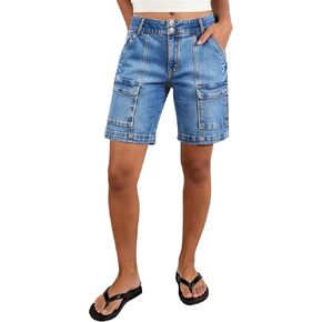 شورت Flamingals بأرجل مستقيمة للسيدات شورت جينز عصري بجيب مغسول متوسط ​​الارتفاع وأزرار مزدوجة in Kuwait