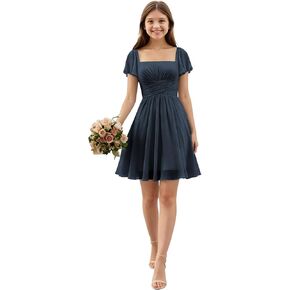Short Junior Bridesmaid Dresses Square Neck Chiffon Flower Girl Dress Empire Flutter Sleeve Homecoming Gowns for Teens in Saudi Arabia