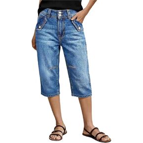 Flamingals Womens Barrel Leg Capri Jeans High Waist Knee Length Dual Button Casual Summer Casual Denim Jeans for Women in Kuwait