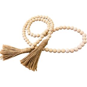 58in Wood Bead Garland with Tassels, Farmhouse Rustic Decor for Coffee Table & Shelf (Natural) in Saudi Arabia