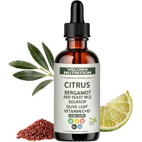 Velora Red Yeast Rice Cholesterol Cleanse, Velora Nutrition Citrus Bergamot Red Yeast Rice, Drops with Soursop, Olive Leaf, Vitamin C+d, Natural, Non-GMO, Vegan 2 Fl Oz (1Pc) in Saudi Arabia