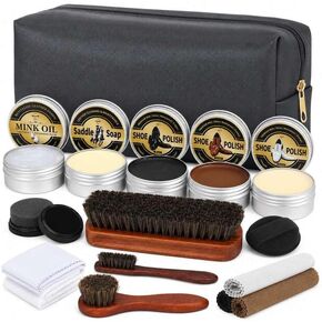 16-in-1 Shoe Polish Kit, Leather Shine Care Cleaning Kit, Black Brown Neutral Shoe Polish, Saddle Soap Mink Oil for Boots, 3 Horsehair Brushes, Sponges, Cloth with Travel Bag, Gift for Men Women in Saudi Arabia