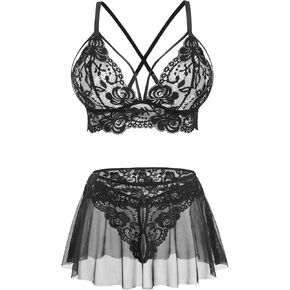 ADOME Women Sexy Lingerie Sheer 3 Piece Lingerie Sets Lace Bralette with Mini Skirt and G-String XS-3XL in Saudi Arabia