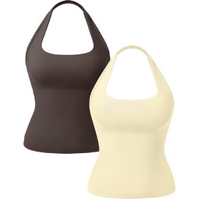 OLCHEE Womens Halter Tank Tops Square Neck Backless Longline Seamless Gym Workout Yoga Pilates Top Padded 2 Pack in Saudi Arabia