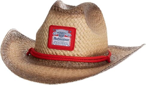 Budweiser Straw Cowboy Hat – Western Beer Logo Hat with Red Rope Band, Distressed Straw Cowboy Hat for Men & Women, Lightweight Breathable Rodeo Hat for Country Concerts, Festivals & Summer in Kuwait