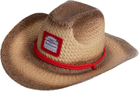 Budweiser Straw Cowboy Hat – Western Beer Logo Hat with Red Rope Band, Distressed Straw Cowboy Hat for Men & Women, Lightweight Breathable Rodeo Hat for Country Concerts, Festivals & Summer in Kuwait