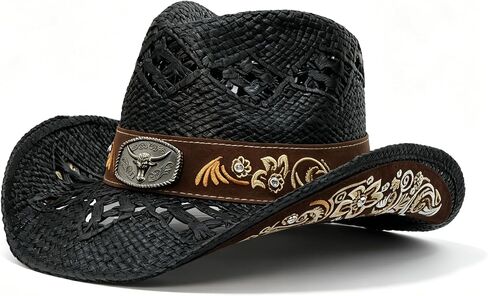 Straw Cowboy Hat Men Women,Western Cowgirl Hat with Wide Brim Embroidered, Black White Pink Brown Cowboy Hat. in Saudi Arabia