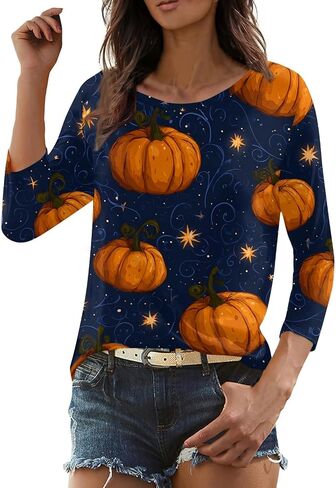Halloween Tshirts Womens Three Quarter Sleeve Elegant Comfortable Printed T Shirts Teen Girls in Saudi Arabia