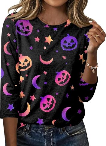 3/4 Sleeve Pretty Oversize T Shirts Lady Camping Halloween Crewneck Comfy Women Print Ruched Light in Saudi Arabia