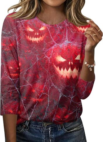 Halloween Tshirts Womens Three Quarter Sleeve Elegant Comfortable Printed T Shirts Teen Girls in Saudi Arabia