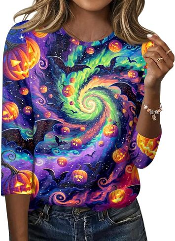 Halloween Tshirts Womens Three Quarter Sleeve Elegant Comfortable Printed T Shirts Teen Girls in Saudi Arabia