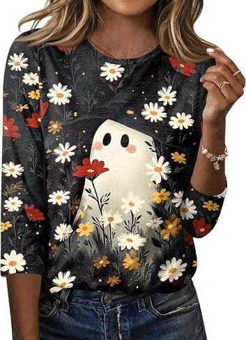Halloween Tshirts Womens Three Quarter Sleeve Elegant Comfortable Printed T Shirts Teen Girls in Saudi Arabia