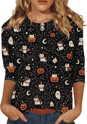 3/4 Sleeve Cute Plus Size Tops Women Cocktail Halloween Comfort Print Ruched Lightweight Crewneck in Saudi Arabia