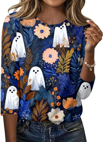 Halloween Tshirts Womens Three Quarter Sleeve Elegant Comfortable Printed T Shirts Teen Girls in Saudi Arabia