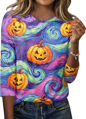 Halloween Tshirts Womens Three Quarter Sleeve Elegant Comfortable Printed T Shirts Teen Girls in Saudi Arabia