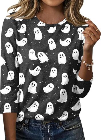 Halloween Tshirts Womens Three Quarter Sleeve Elegant Comfortable Printed T Shirts Teen Girls in Saudi Arabia