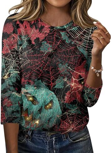 Halloween Tshirts Womens Three Quarter Sleeve Elegant Comfortable Printed T Shirts Teen Girls in Saudi Arabia