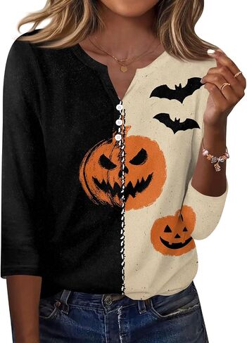 Halloween 3/4 Length Sleeve Womens Tops Casual Crewneck Pullover Tunics Summer Cute Blouses Fashion 2026 in Saudi Arabia