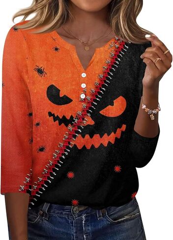 Halloween 3/4 Length Sleeve Womens Tops Casual Crewneck Pullover Tunics Summer Cute Blouses Fashion 2026 in Saudi Arabia