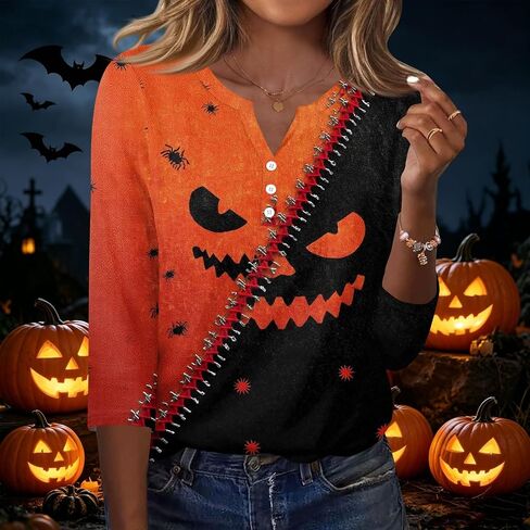 Halloween 3/4 Length Sleeve Womens Tops Casual Crewneck Pullover Tunics Summer Cute Blouses Fashion 2026 in Saudi Arabia