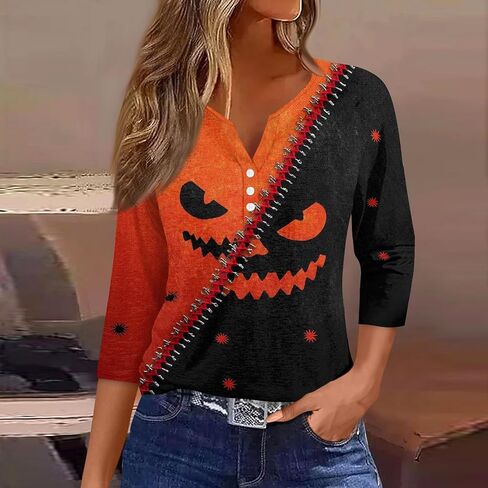 Halloween 3/4 Length Sleeve Womens Tops Casual Crewneck Pullover Tunics Summer Cute Blouses Fashion 2026 in Saudi Arabia